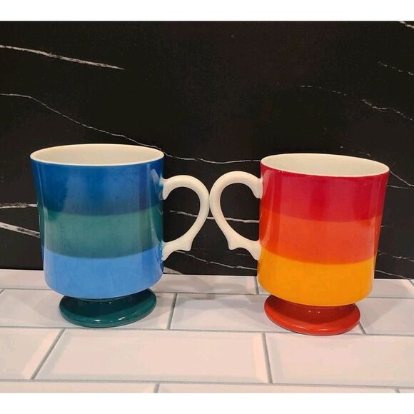HOLT-HOWARD 1966 Striped Set Of 2 Porcelain Mugs Handles Footed Blue Orange EUC - Picture 3 of 13
